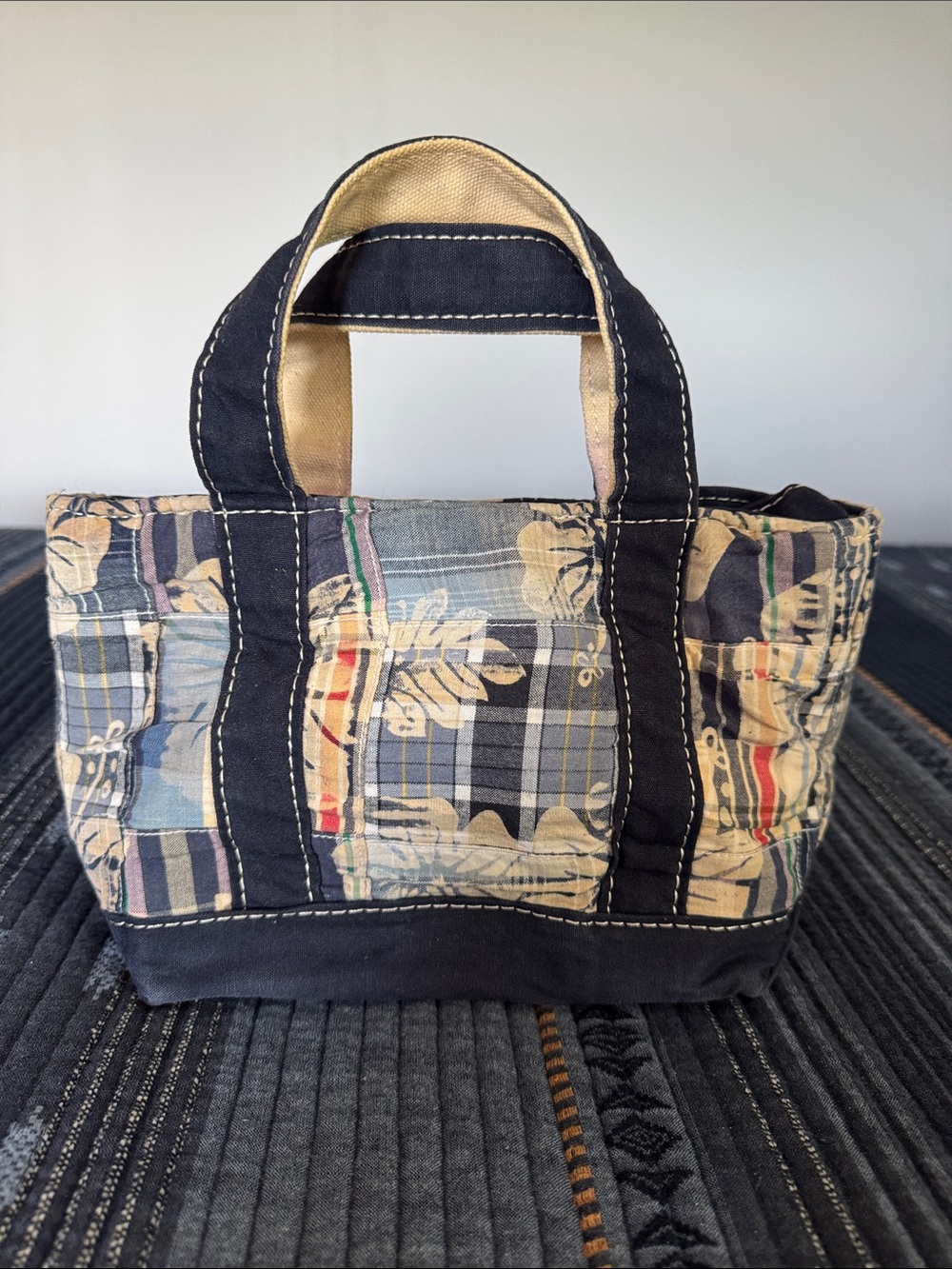 L.L. Bean Vintage Navy and Multi Patchwork Canvas Mini Tote With Zipper